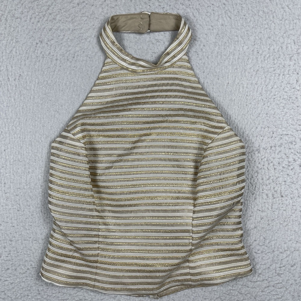 Cache Shirt Womens 10 Beige Gold Choker Neck Halter Top Metallic Romantic